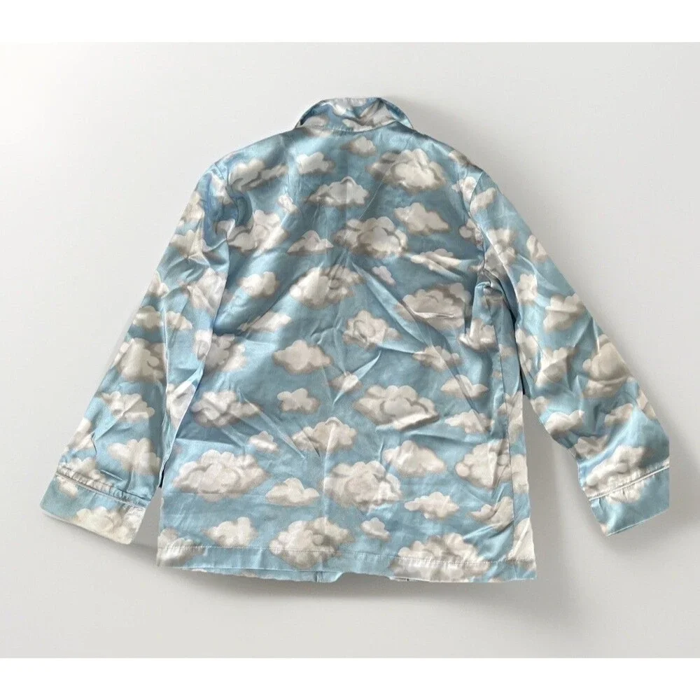 Nick and Nora Vintage Blue Cloud Print Satin Pajama Top Button Up Kids Sz M 7/8